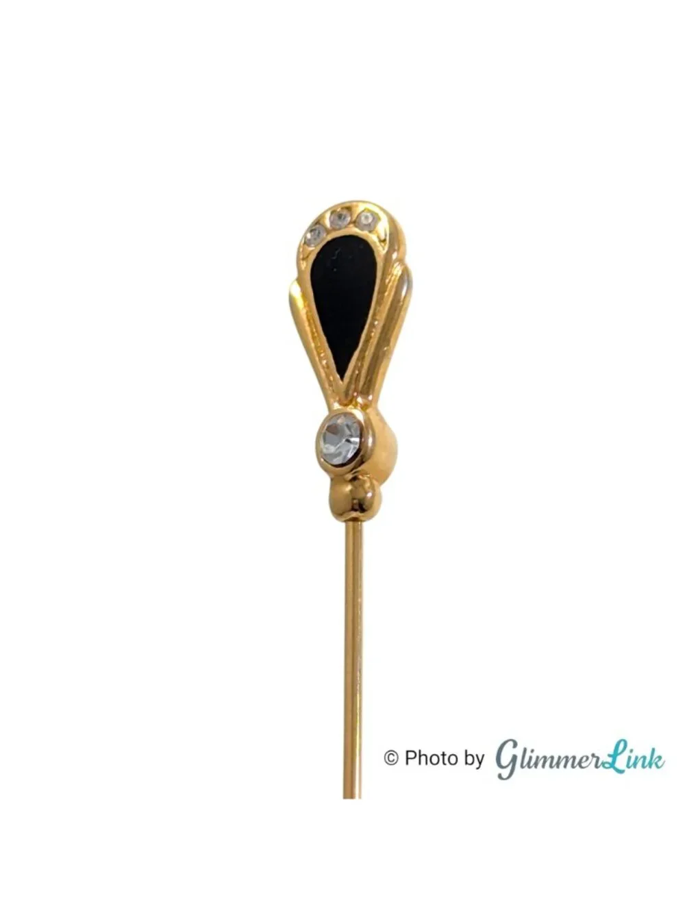 Vintage Gold Tone Black & Clear Rhinestone Art Deco Style Stick Pin